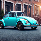 Vintage Turquoise Volkswagen Beetle on Cobblestone Street with Brick Buildings