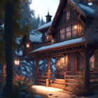 Snow-covered cabin in blue hour with warm glowing lights