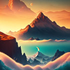 Surreal landscape with vibrant mountain ranges and glowing atmosphere