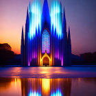 Twilight cathedral with blue spires reflected in water