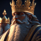 Majestic king with golden crown and ornate robes against dark backdrop