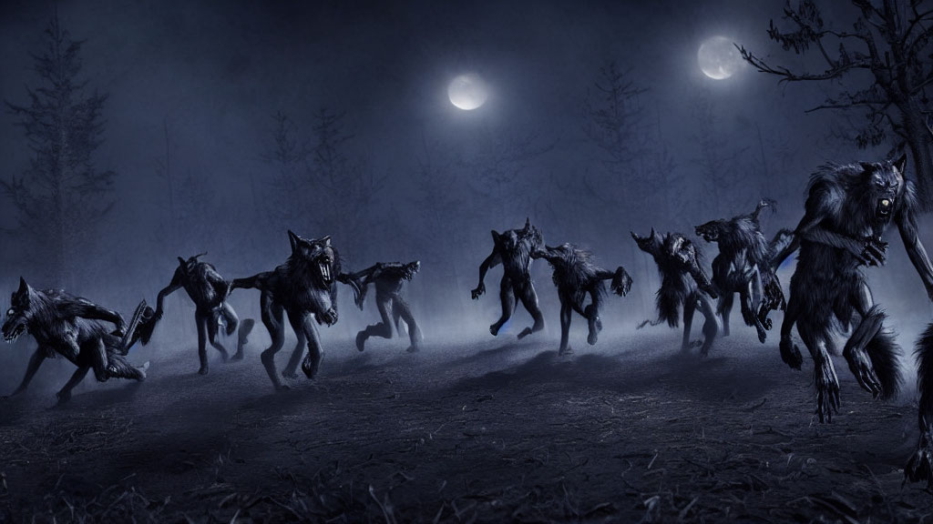 Pack of werewolves running in misty forest under twin moons
