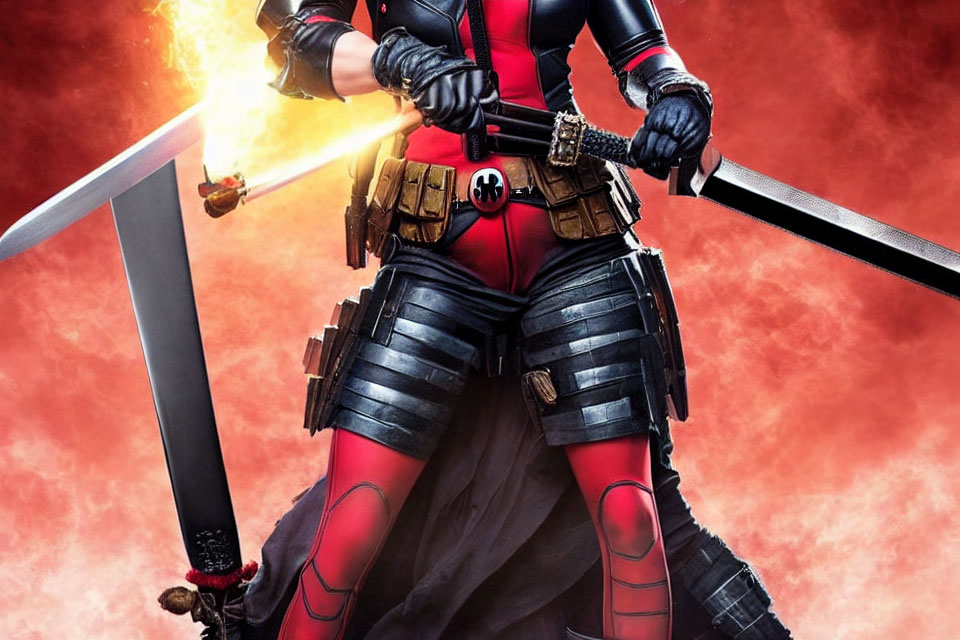 Superhero in Red and Black Costume with Swords on Fiery Background