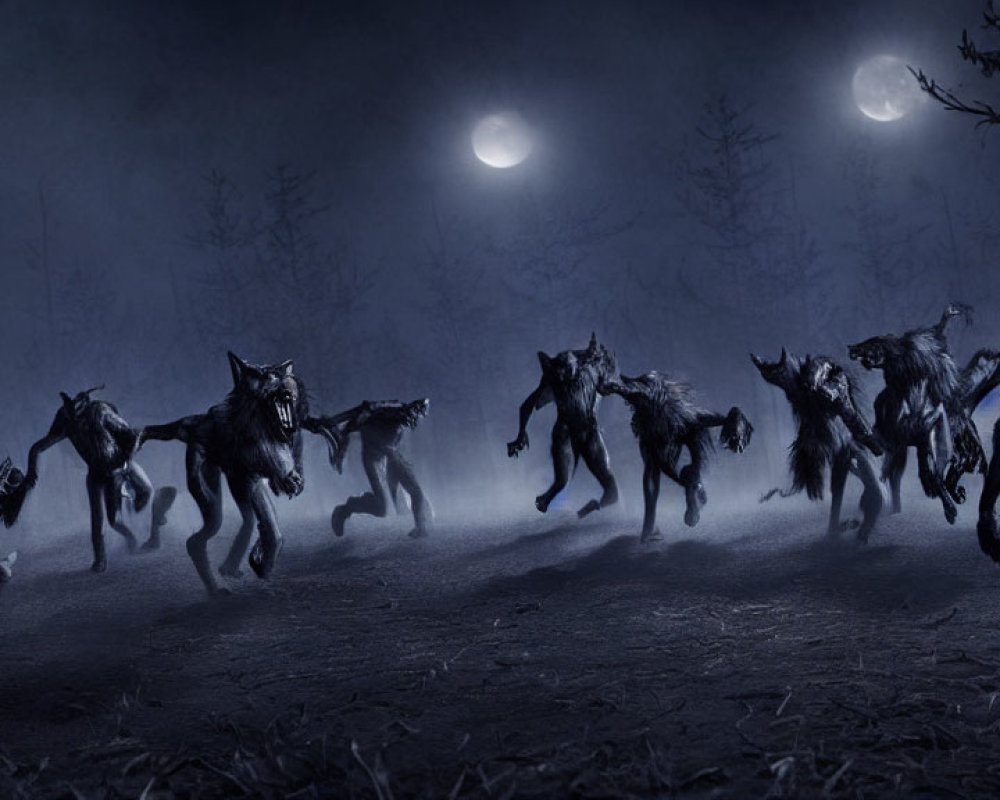 Pack of werewolves running in misty forest under twin moons
