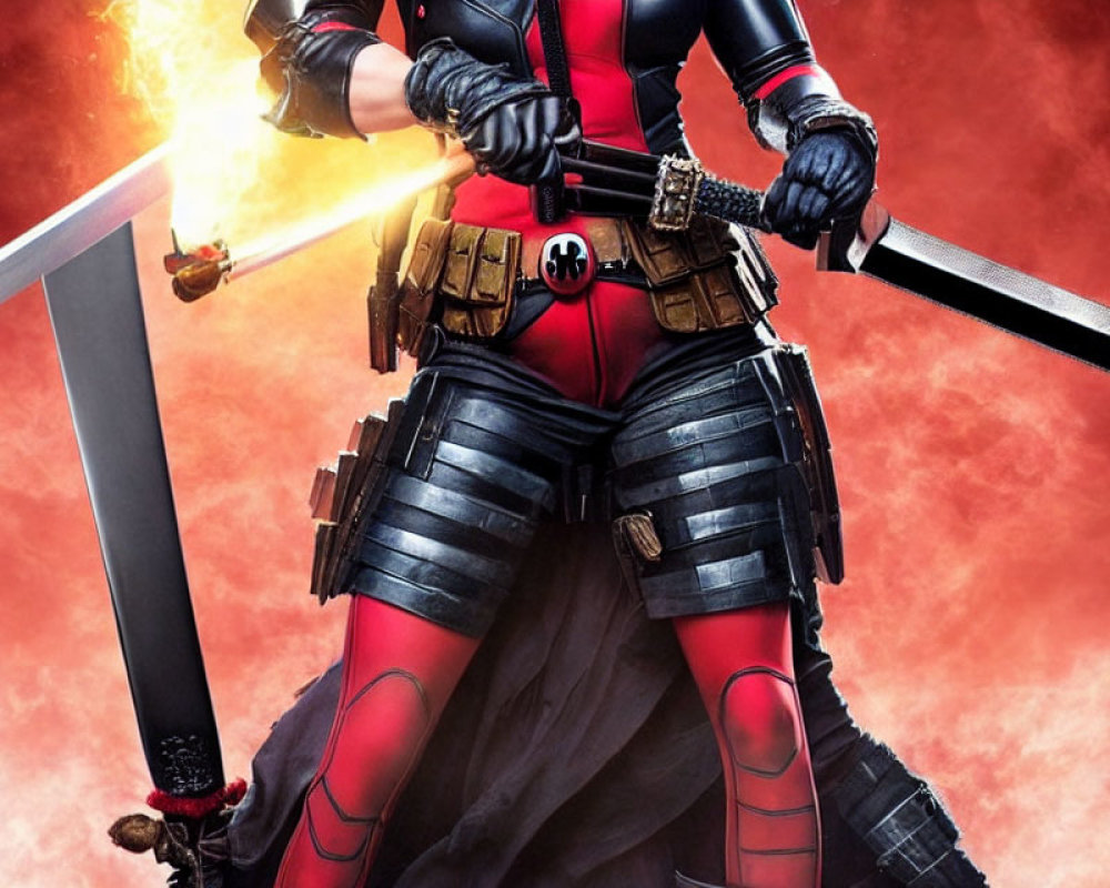 Superhero in Red and Black Costume with Swords on Fiery Background
