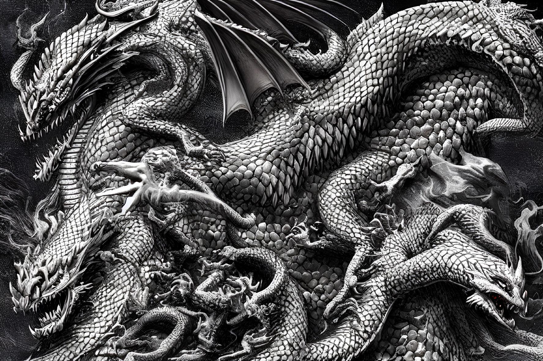 Detailed Monochrome Dragon Illustration with Intricate Scales and Intense Gaze