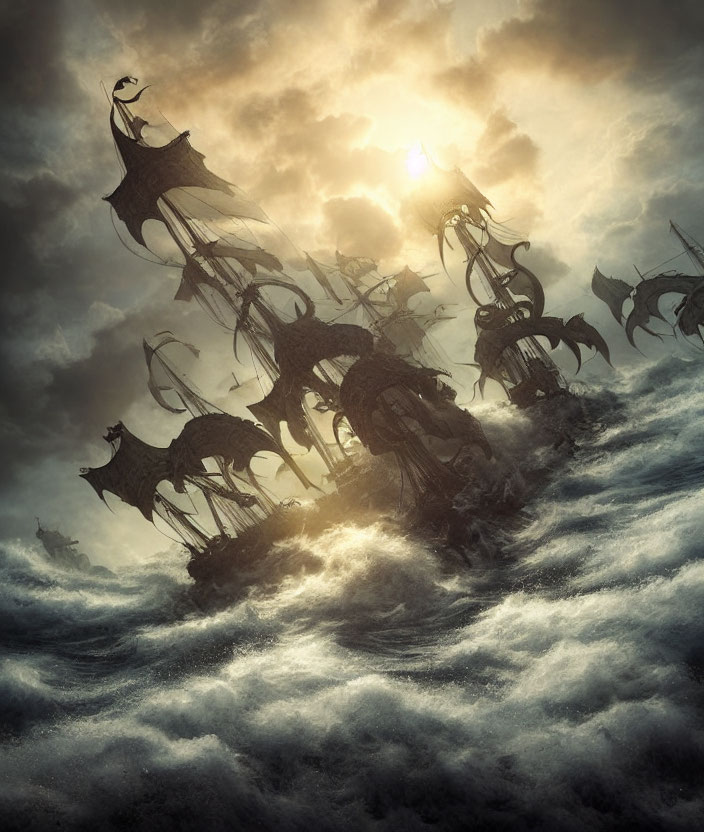 Fantasy artwork: Majestic ships with dragon-like sails in stormy seas