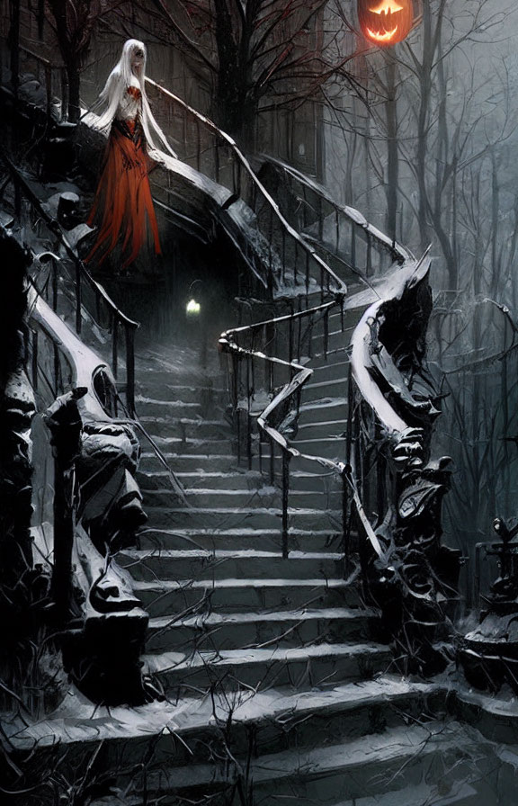 Eerie Halloween scene with figure on spooky staircase