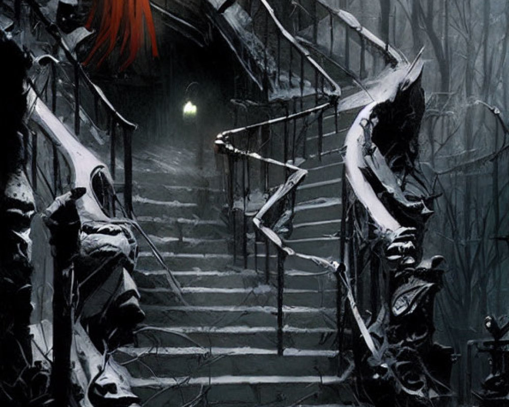 Eerie Halloween scene with figure on spooky staircase