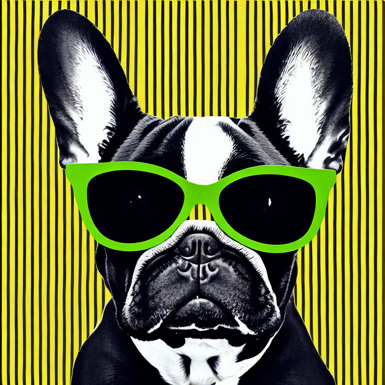 French Bulldog with Green Sunglasses on Yellow and Black Striped Background