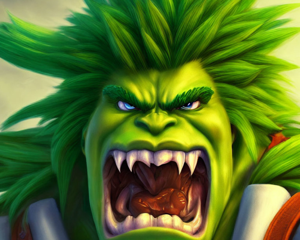 Detailed depiction of fierce green-skinned character with pointed ears and sharp teeth in spiky armor.