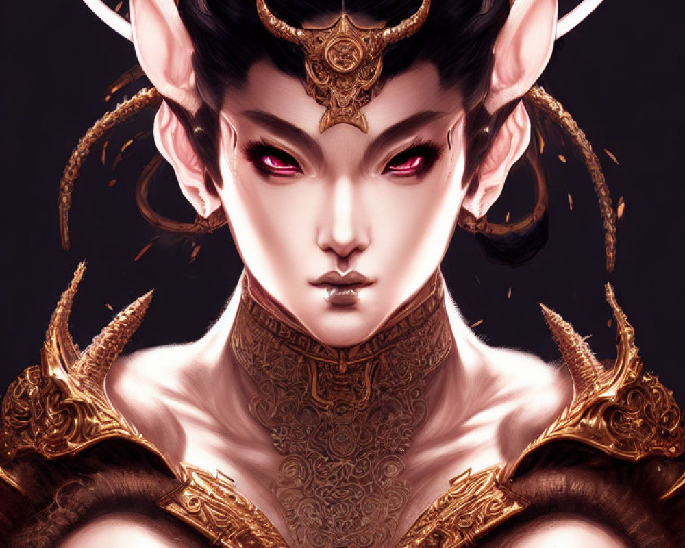 Mystical horned woman in golden armor with red eyes on dark background