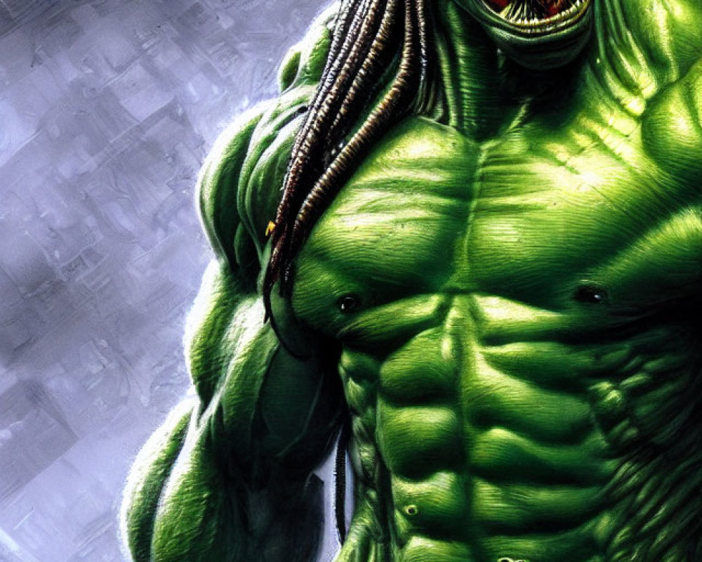 Muscular green-skinned character with dreadlocks and toothy grin on grey background
