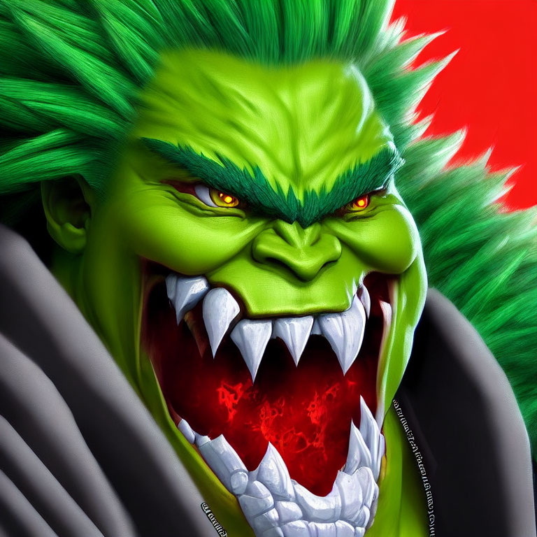 Fierce green creature with spiky hair and sharp teeth on red and green background