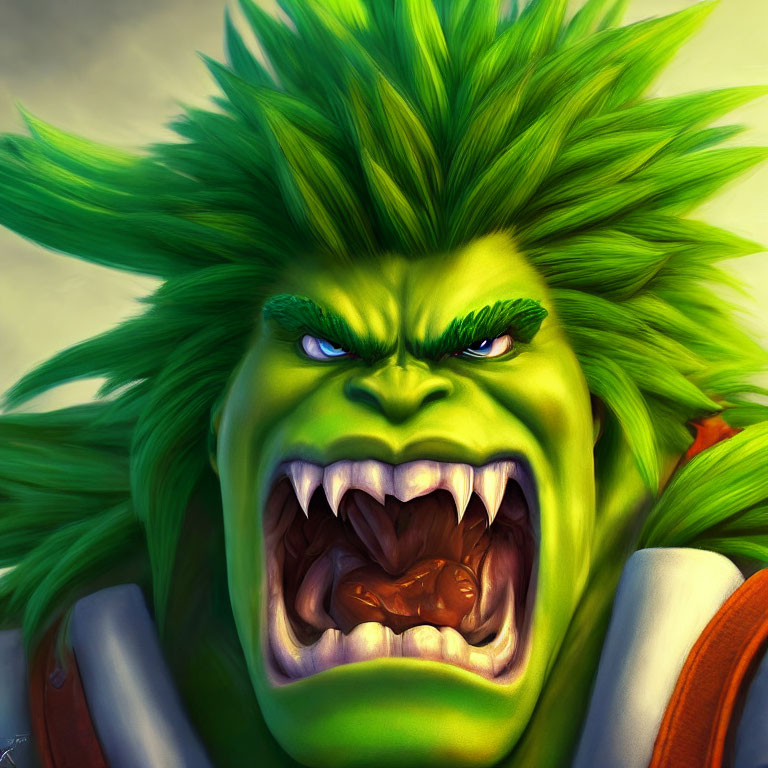 Detailed depiction of fierce green-skinned character with pointed ears and sharp teeth in spiky armor.
