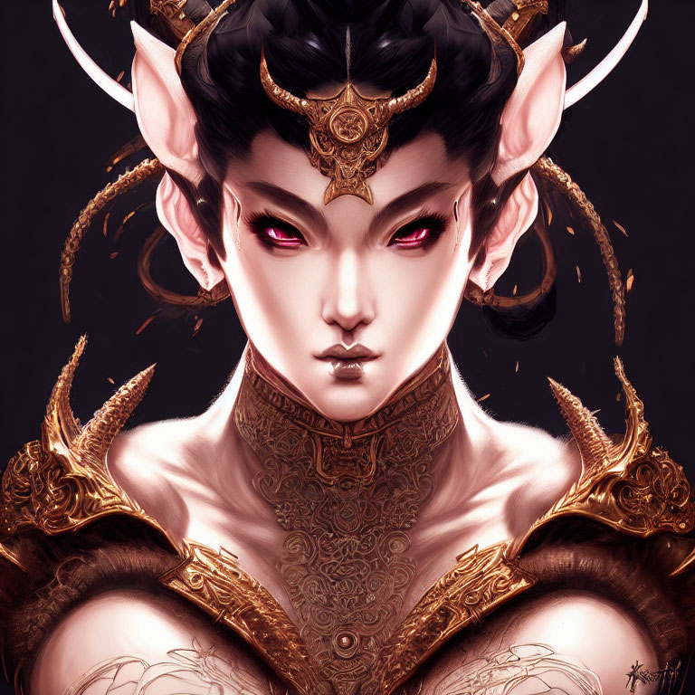 Mystical horned woman in golden armor with red eyes on dark background