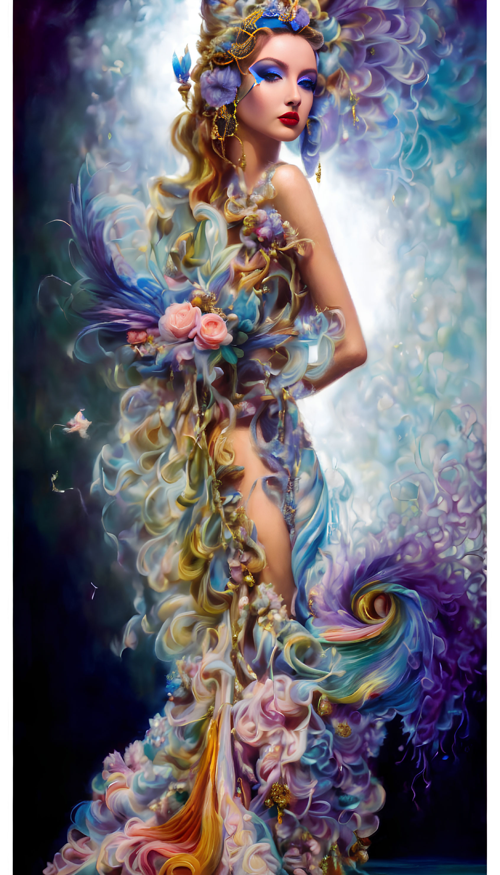 Colorful illustration of ethereal woman with elaborate hair and attire against dark backdrop