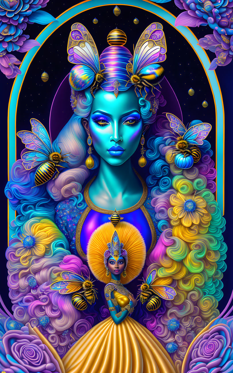 Colorful digital art: Blue-skinned woman with golden accessories, bees, and floral patterns.