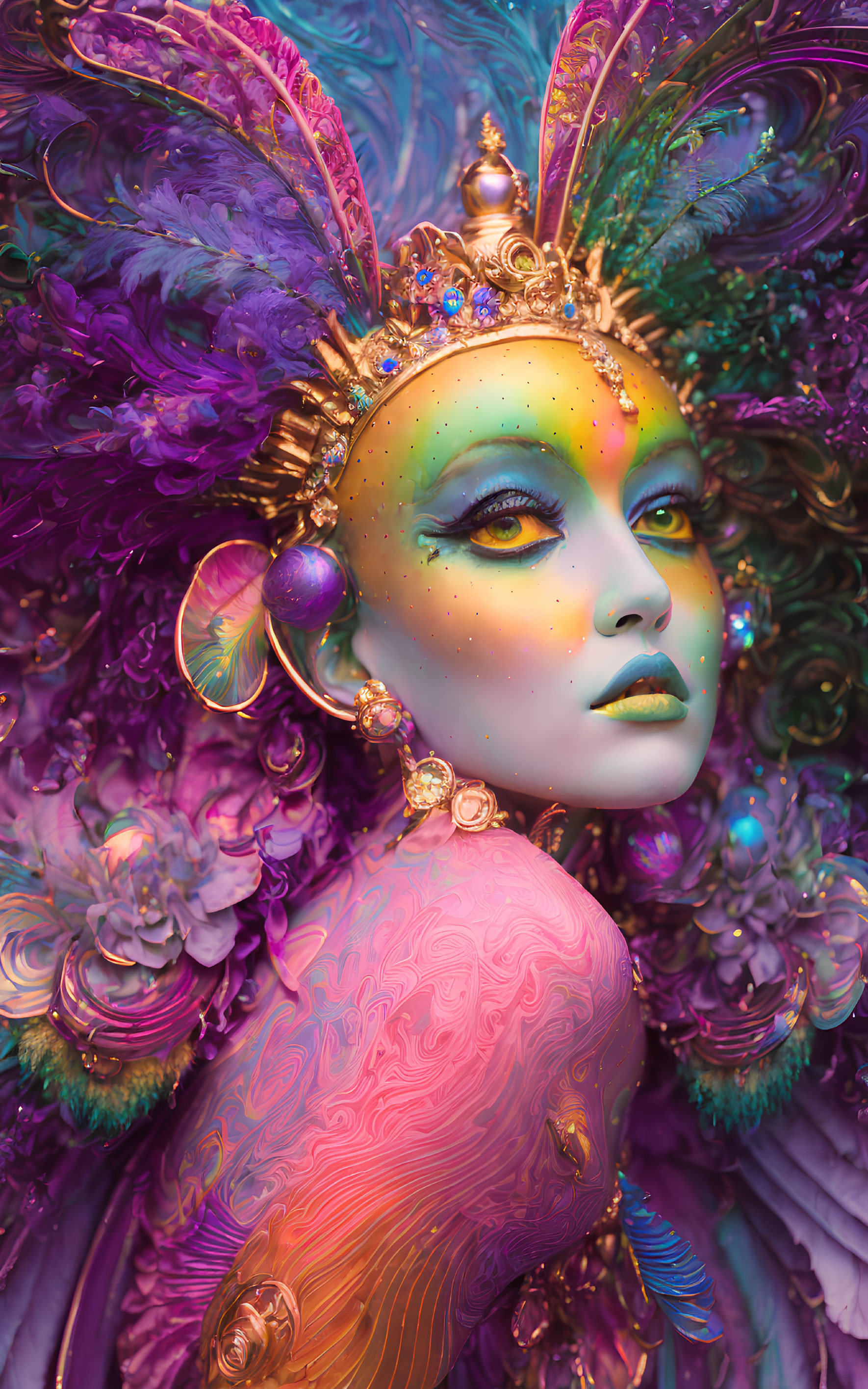 Colorful portrait of person with vibrant makeup and elaborate headdress against purple floral background