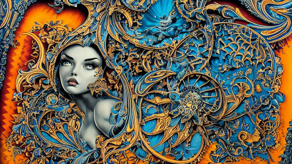 Colorful artwork: Stylized woman with mythological creatures in orange and blue.