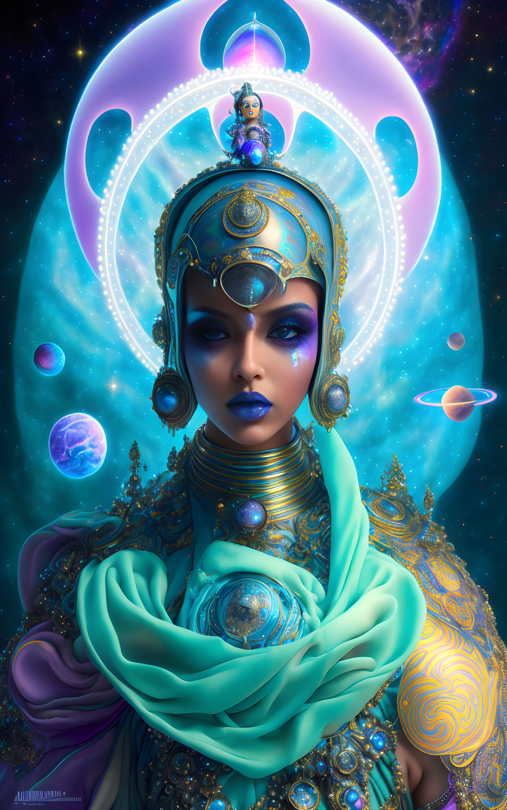 Celestial-themed artwork with figure in cosmic attire and galaxy backdrop