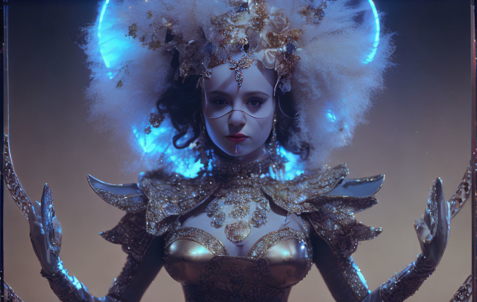 Elaborate fantasy costume with gold embellishments and headdress posing dramatically