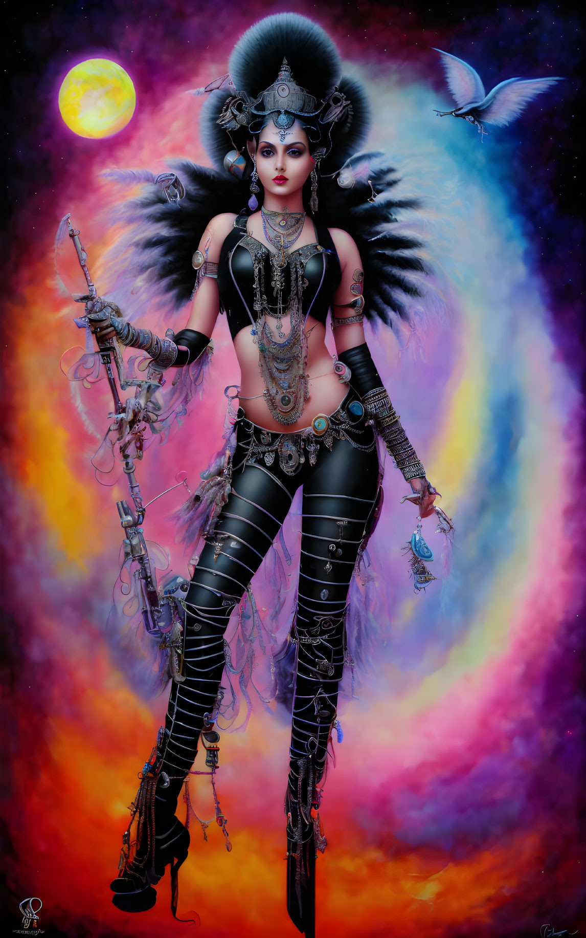Fantasy-inspired female figure in dark attire against vibrant nebula background