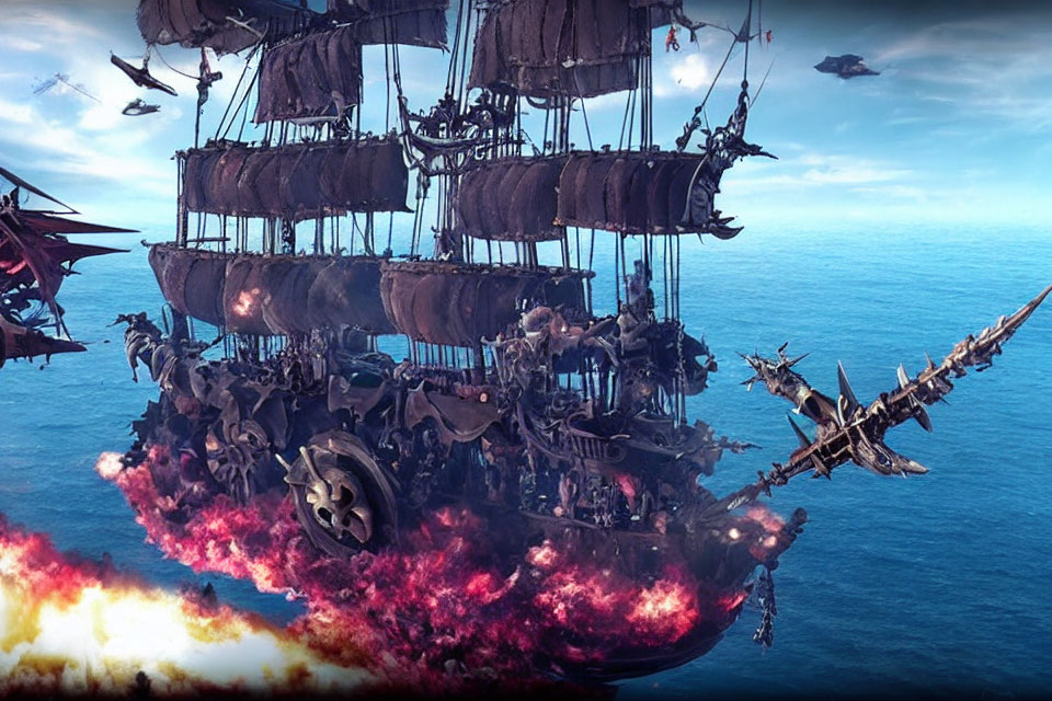 Fantastical airborne pirate ship in flames among flying vessels and contraptions
