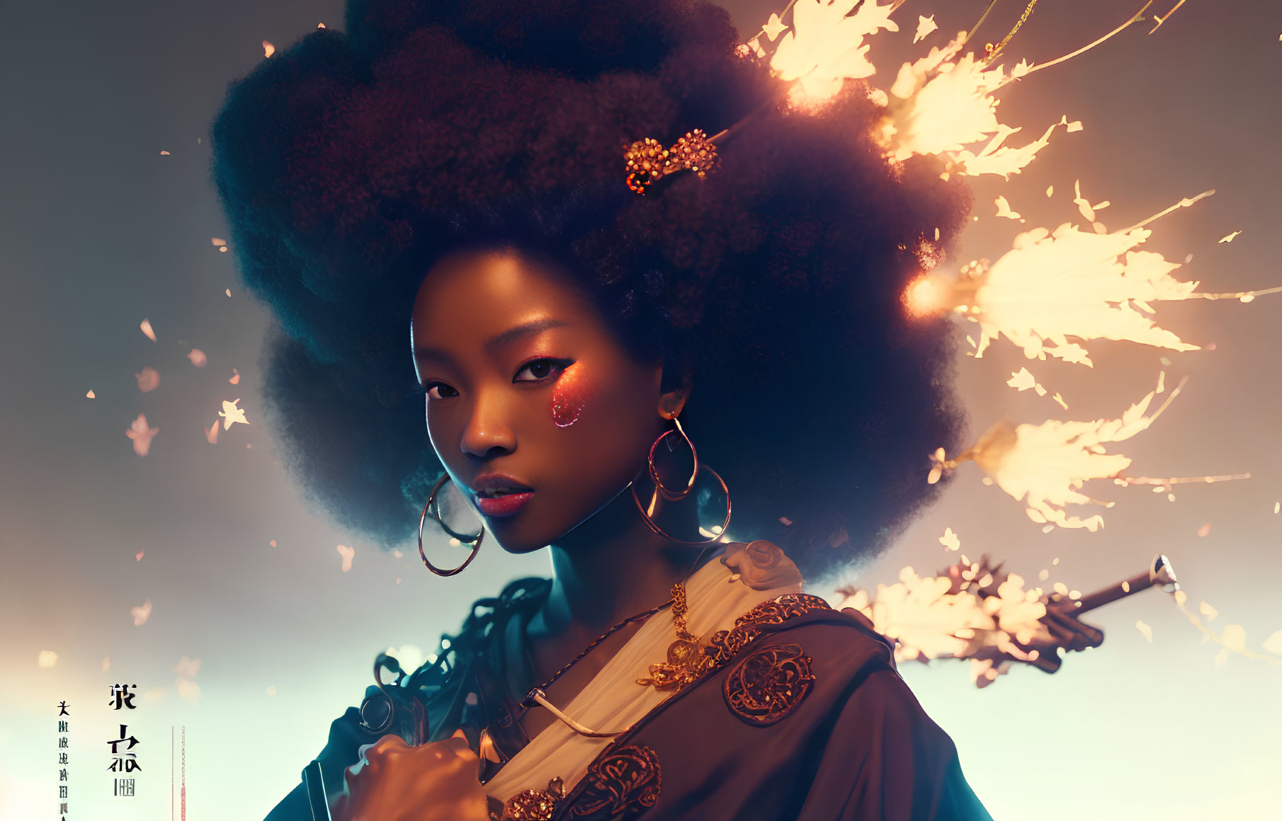 Intense gaze of woman with afro and fiery effects against warm backdrop