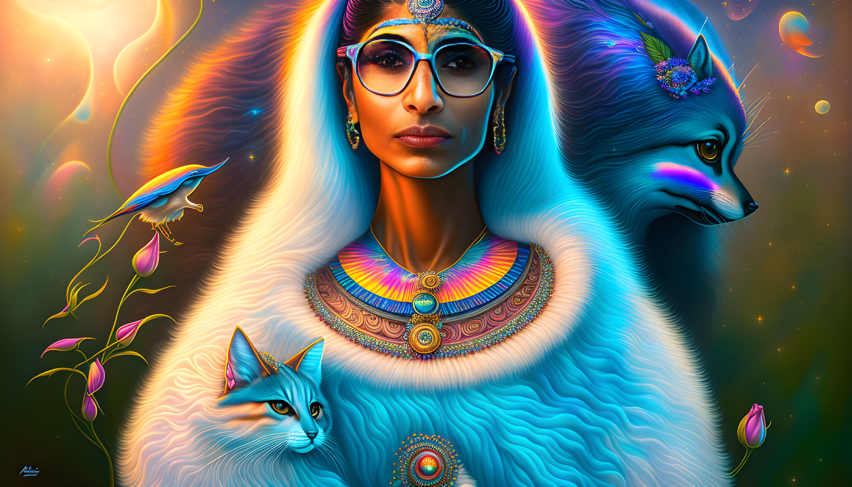 Colorful Digital Artwork: Stylized Egyptian-Inspired Woman with Animals