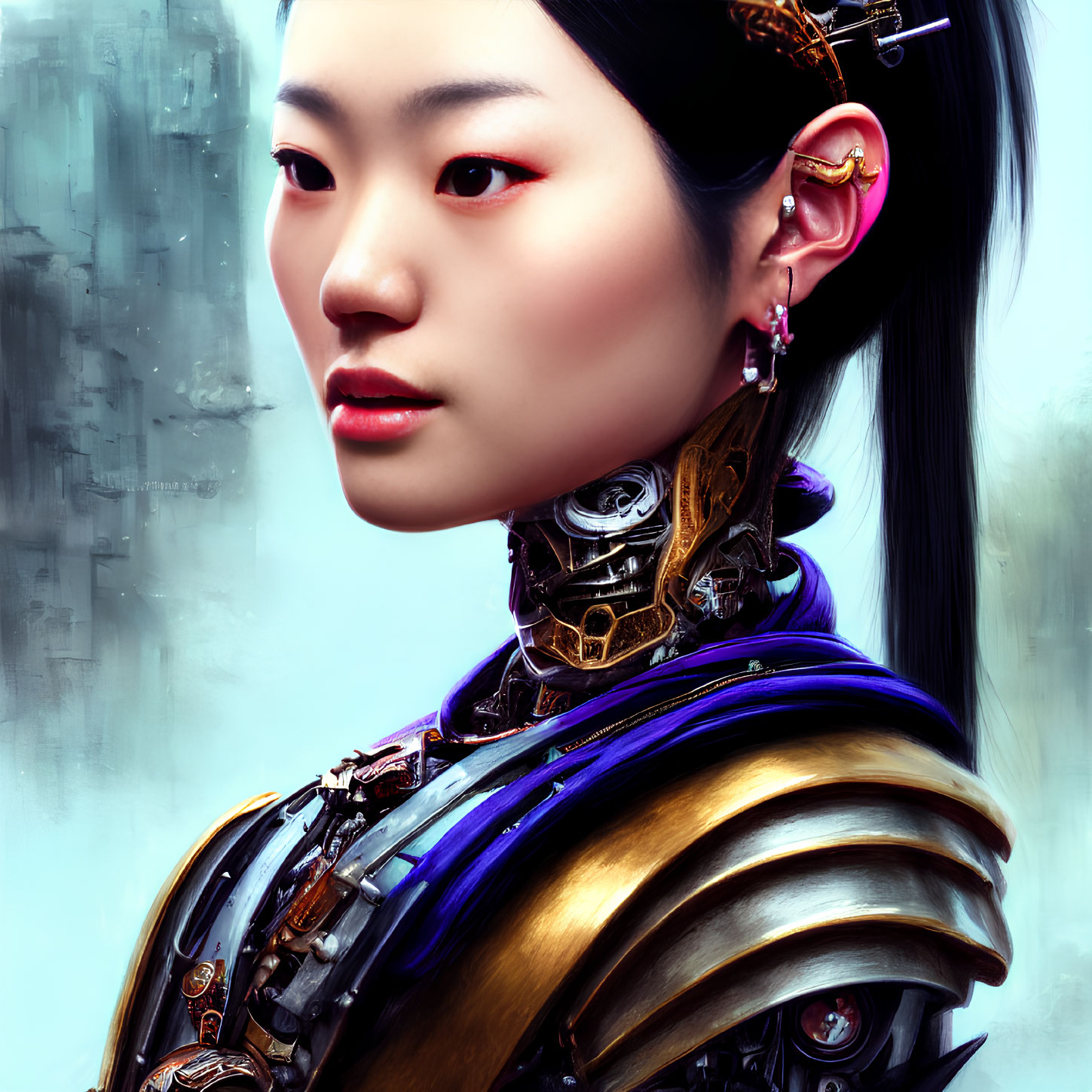 Detailed Female Cyborg Portrait with Mechanical Neck Components and Asian Earrings