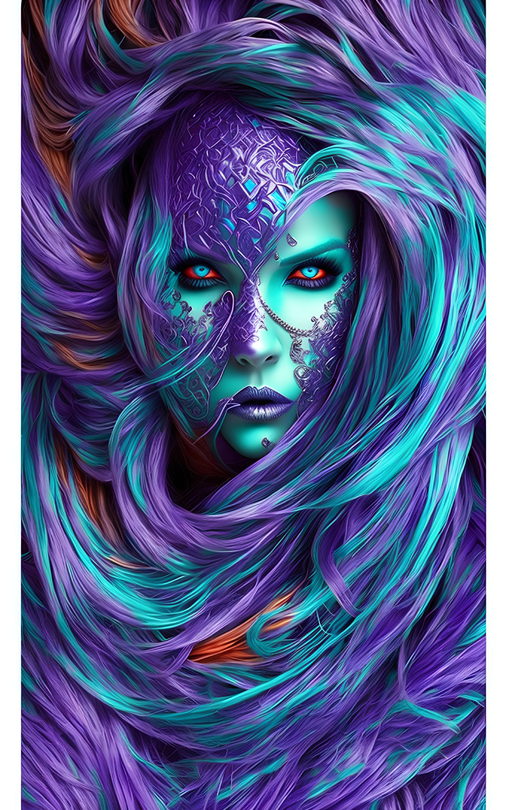 Vibrant purple hair and blue skin on mystical woman with intricate facial markings
