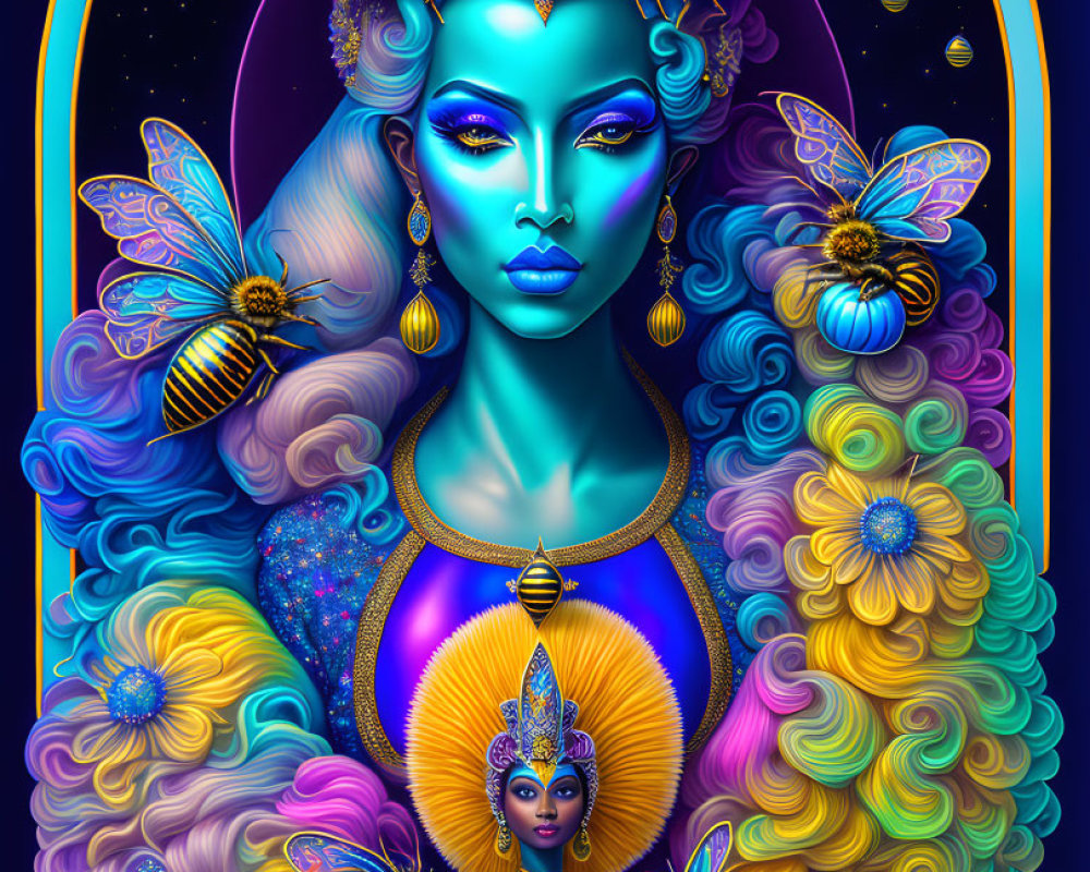 Colorful digital art: Blue-skinned woman with golden accessories, bees, and floral patterns.