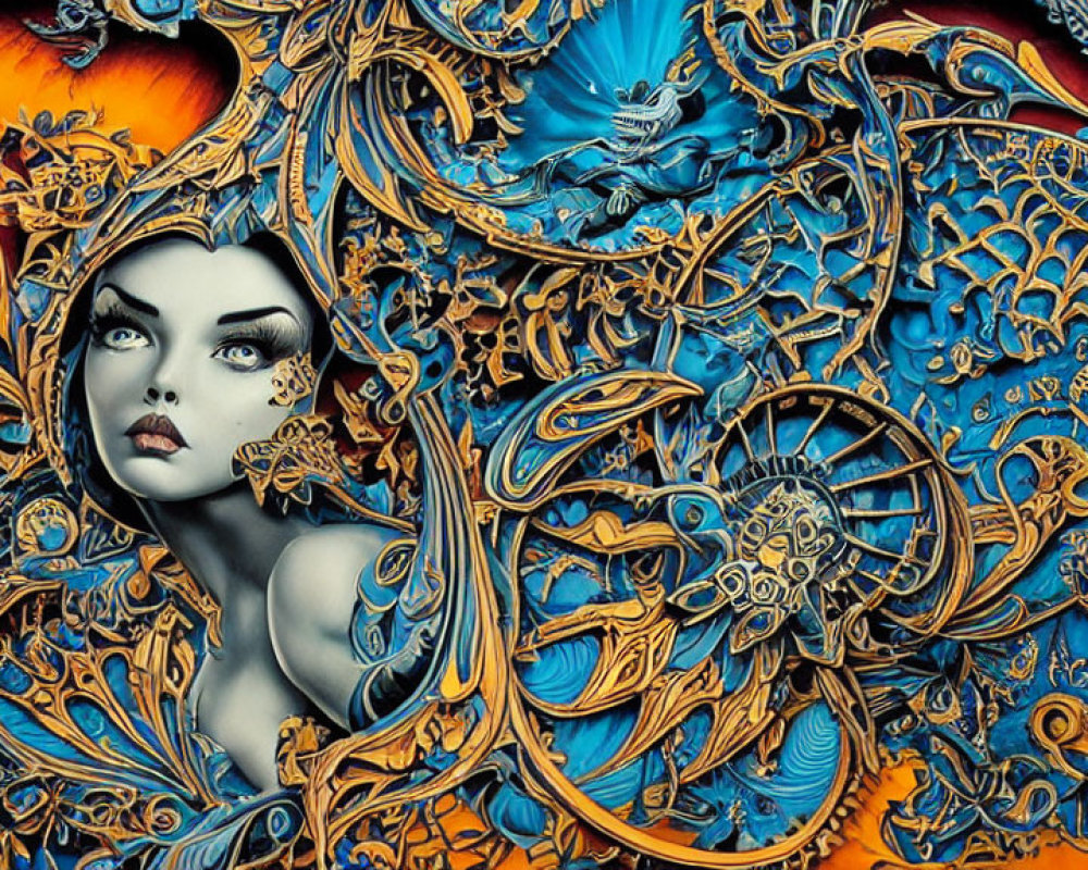Colorful artwork: Stylized woman with mythological creatures in orange and blue.