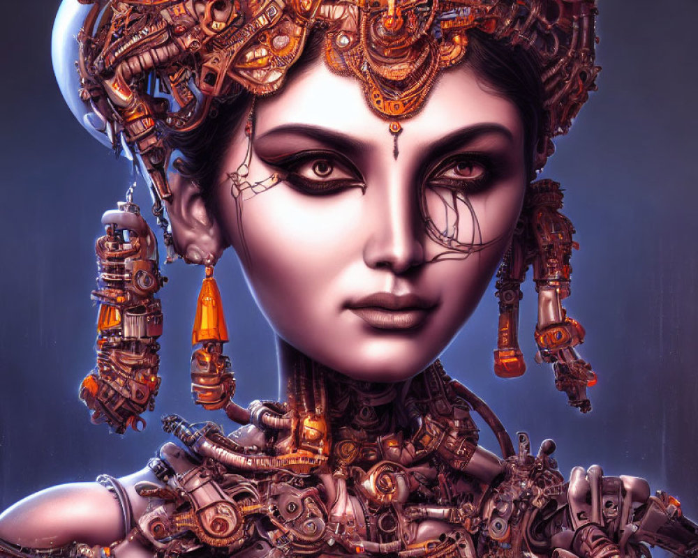 Digital artwork featuring female figure with intricate metallic headgear and fusion of human and mechanical elements
