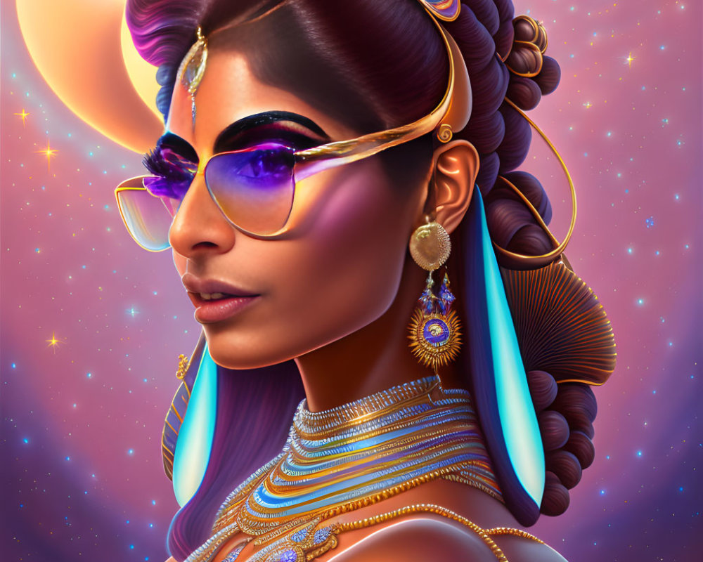 Woman adorned with golden jewelry and futuristic sunglasses in cosmic setting