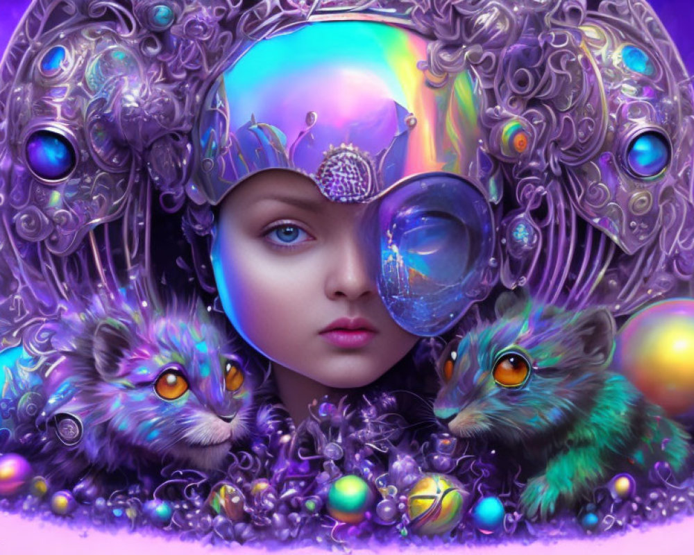Whimsical artwork of a girl with a magnifying glass and fantasy creatures