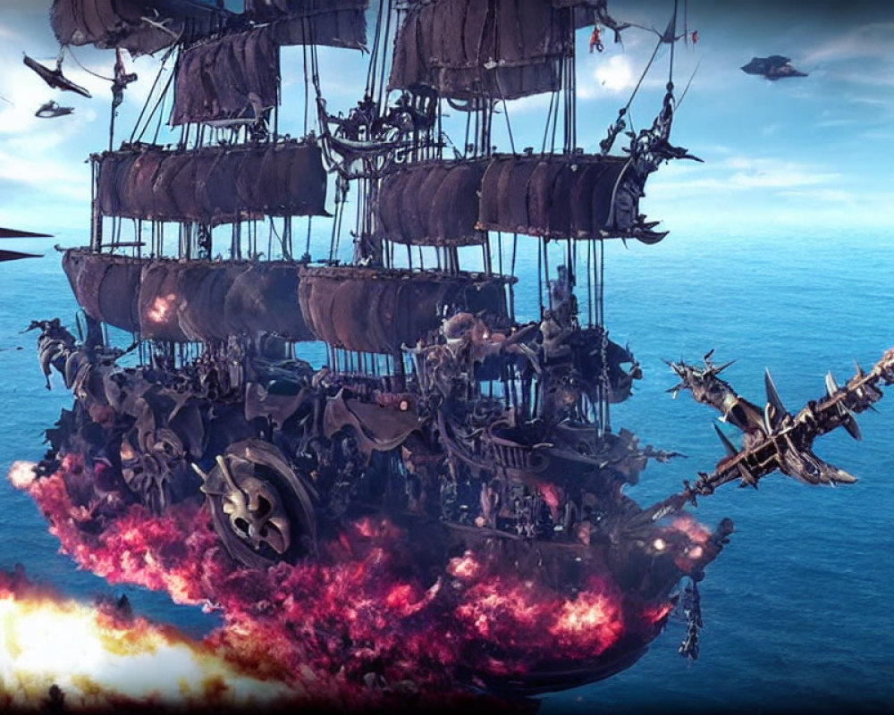Fantastical airborne pirate ship in flames among flying vessels and contraptions