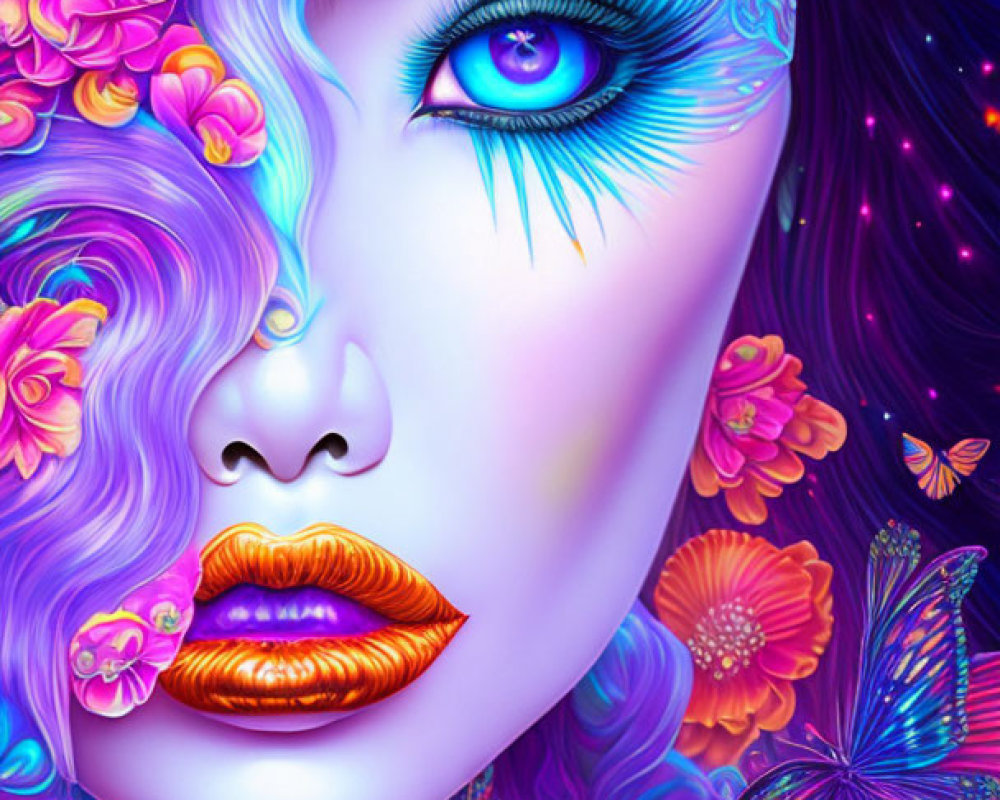 Detailed digital art of woman with blue skin, floral patterns, vivid eyes, gold lips, surrounded by
