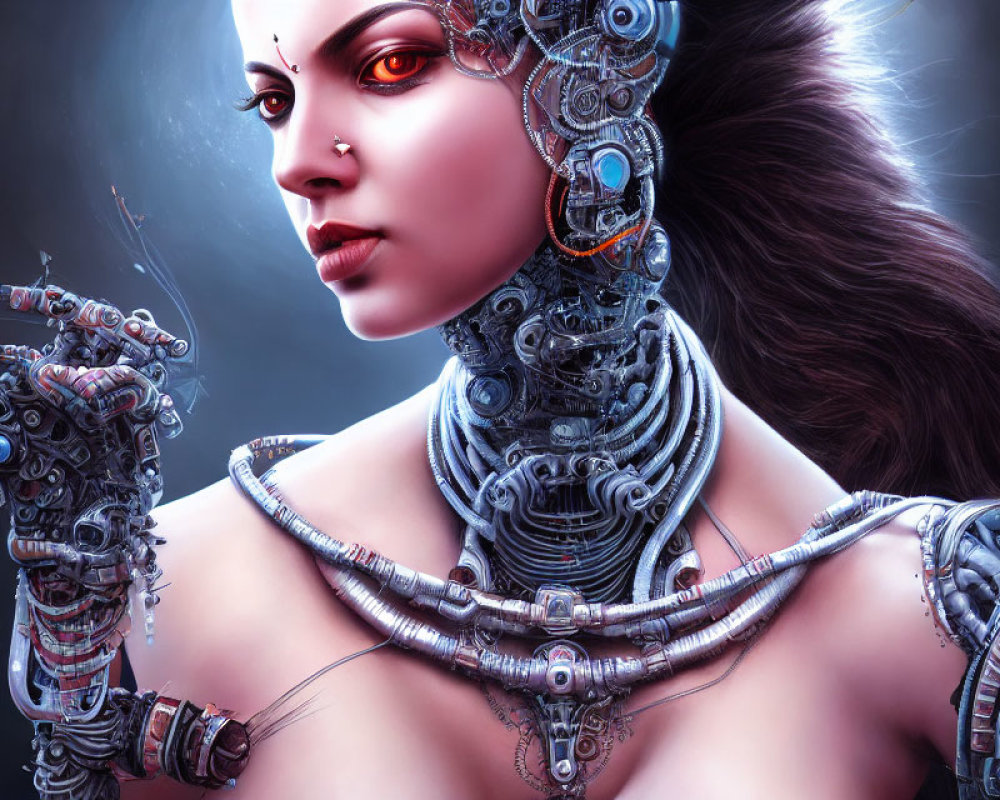 Cyborg woman digital artwork with intricate mechanical parts