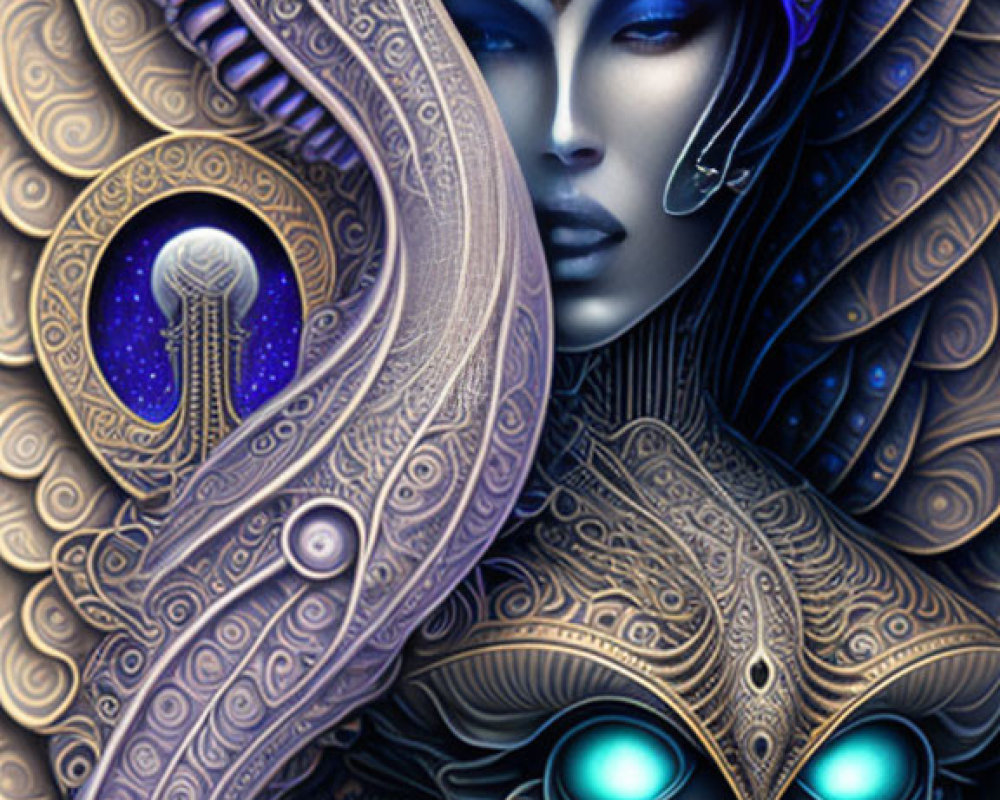 Fantasy artwork of woman with blue skin and cosmic motifs on metallic background
