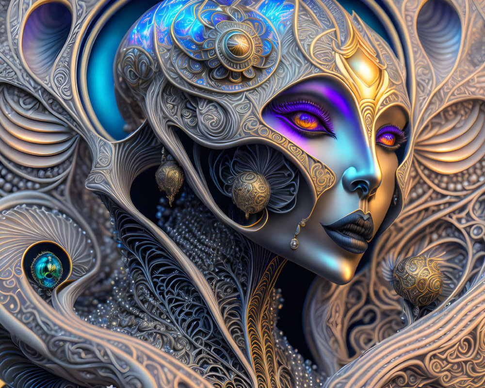 Stylized digital artwork of metallic female figure with orbs in golden background