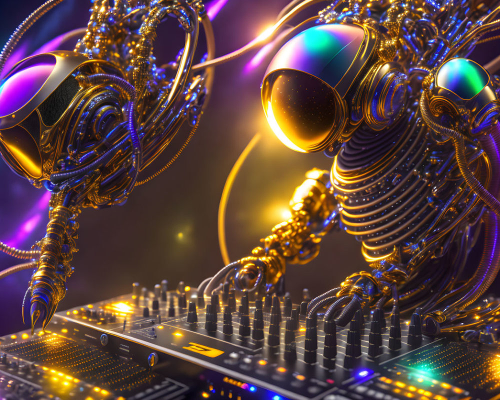 Intricate gold and silver robotic arms on futuristic audio mixing console