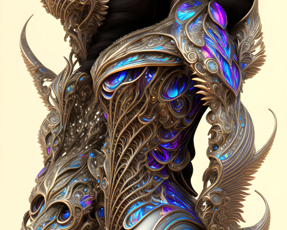 Digital artwork of a woman in ornate metal armor with blue gemstones