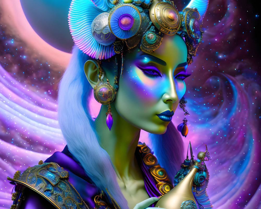 Blue-skinned female figure with horned headdress in cosmic setting