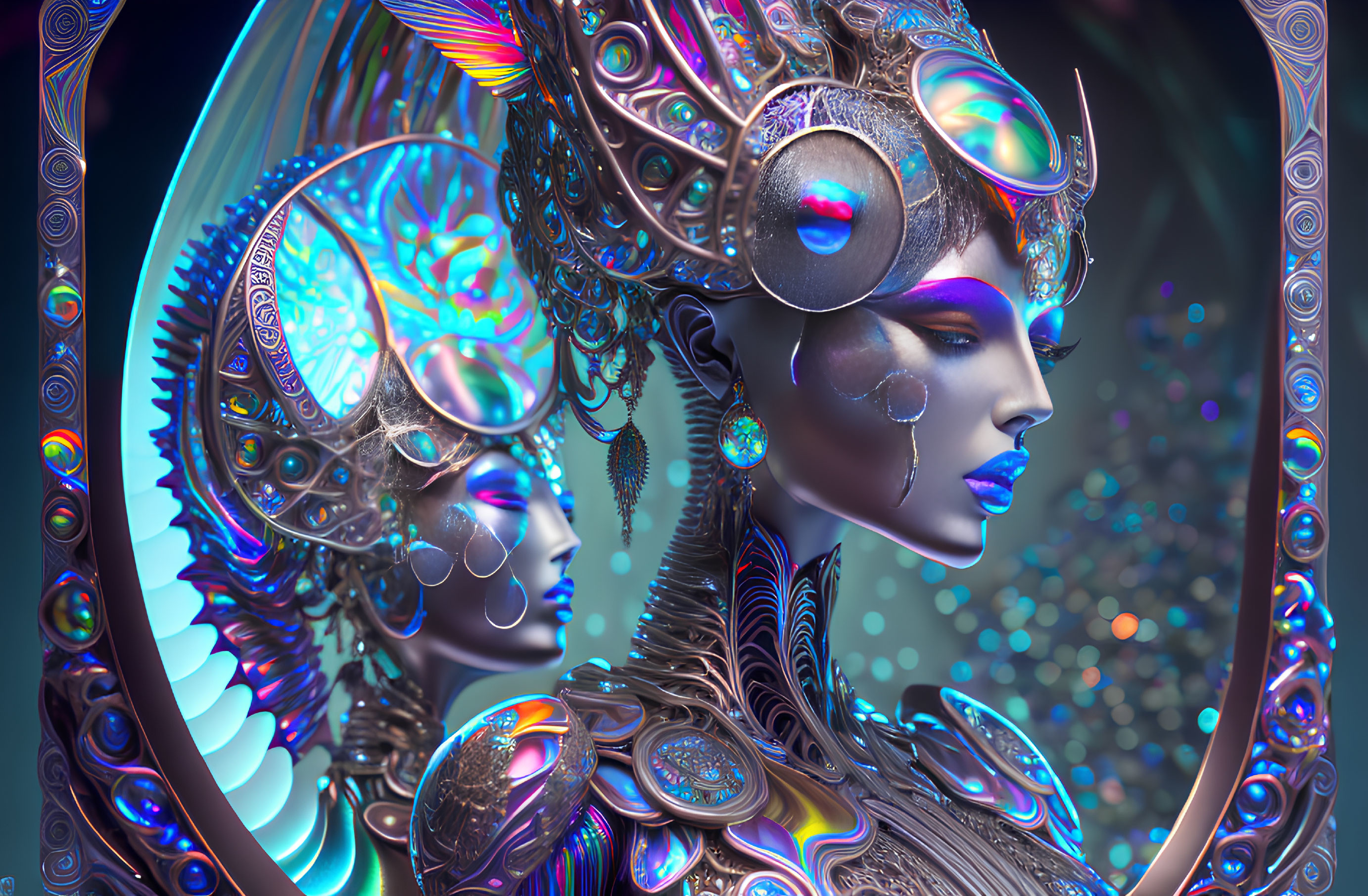 Futuristic digital artwork of two figures with elaborate metallic headdresses