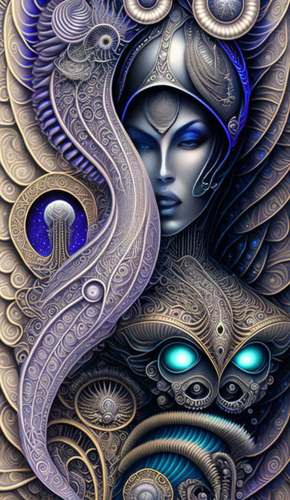 Fantasy artwork of woman with blue skin and cosmic motifs on metallic background