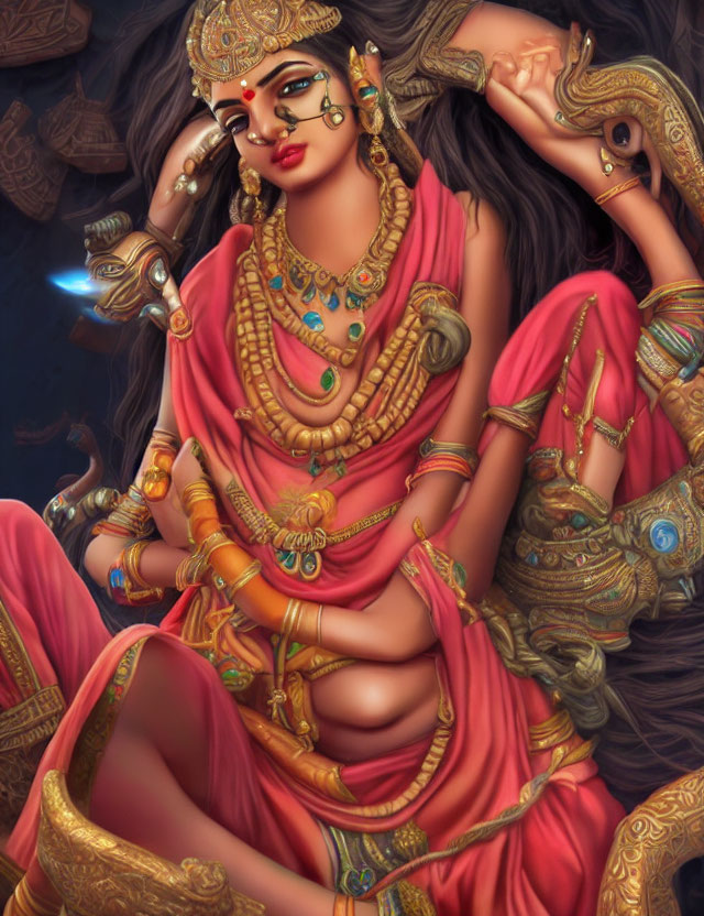 Detailed illustration of multi-armed, jewel-adorned female in pink attire with gold accessories and traditional