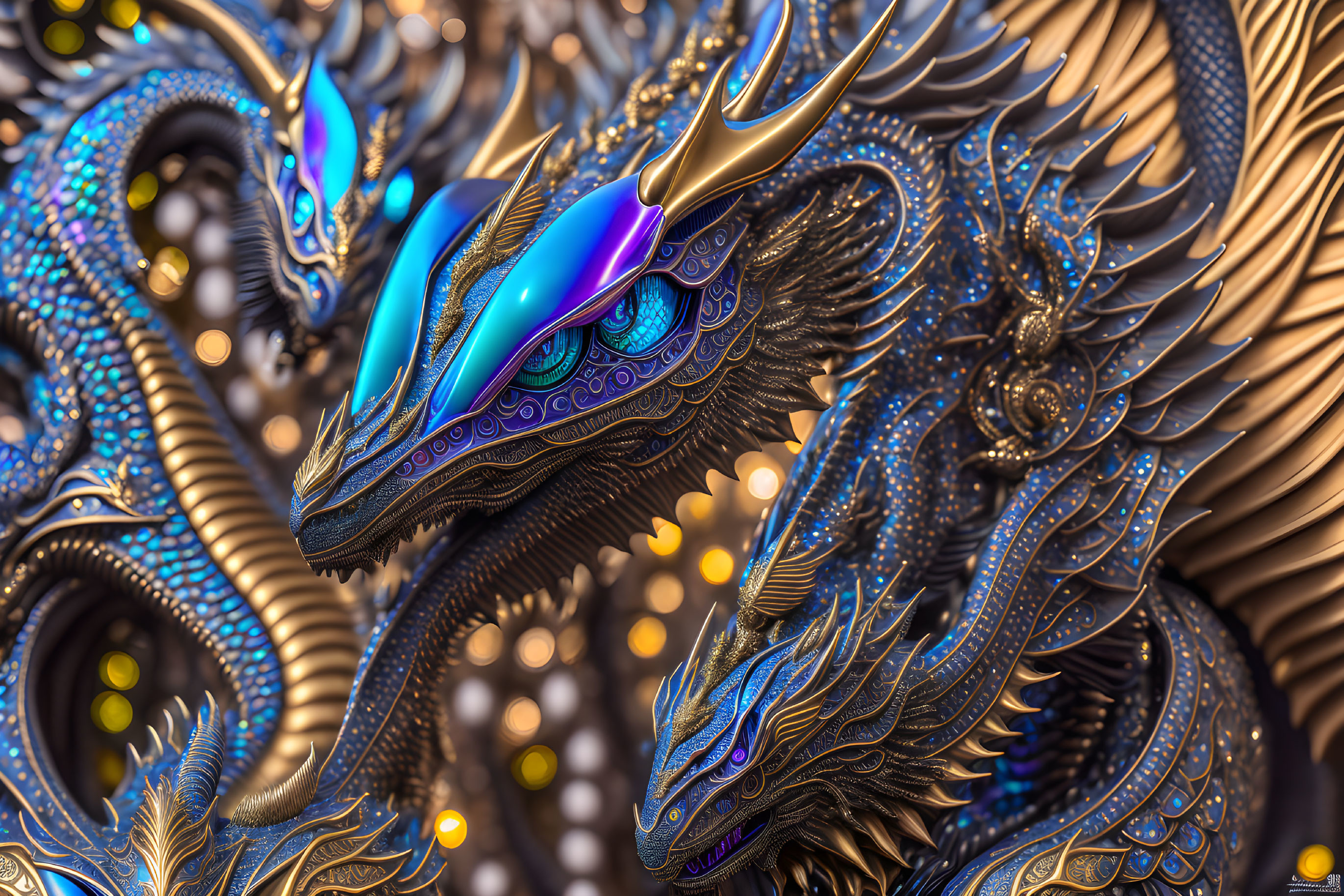 Detailed Metallic Blue Dragon Artwork with Golden Orb Backdrop