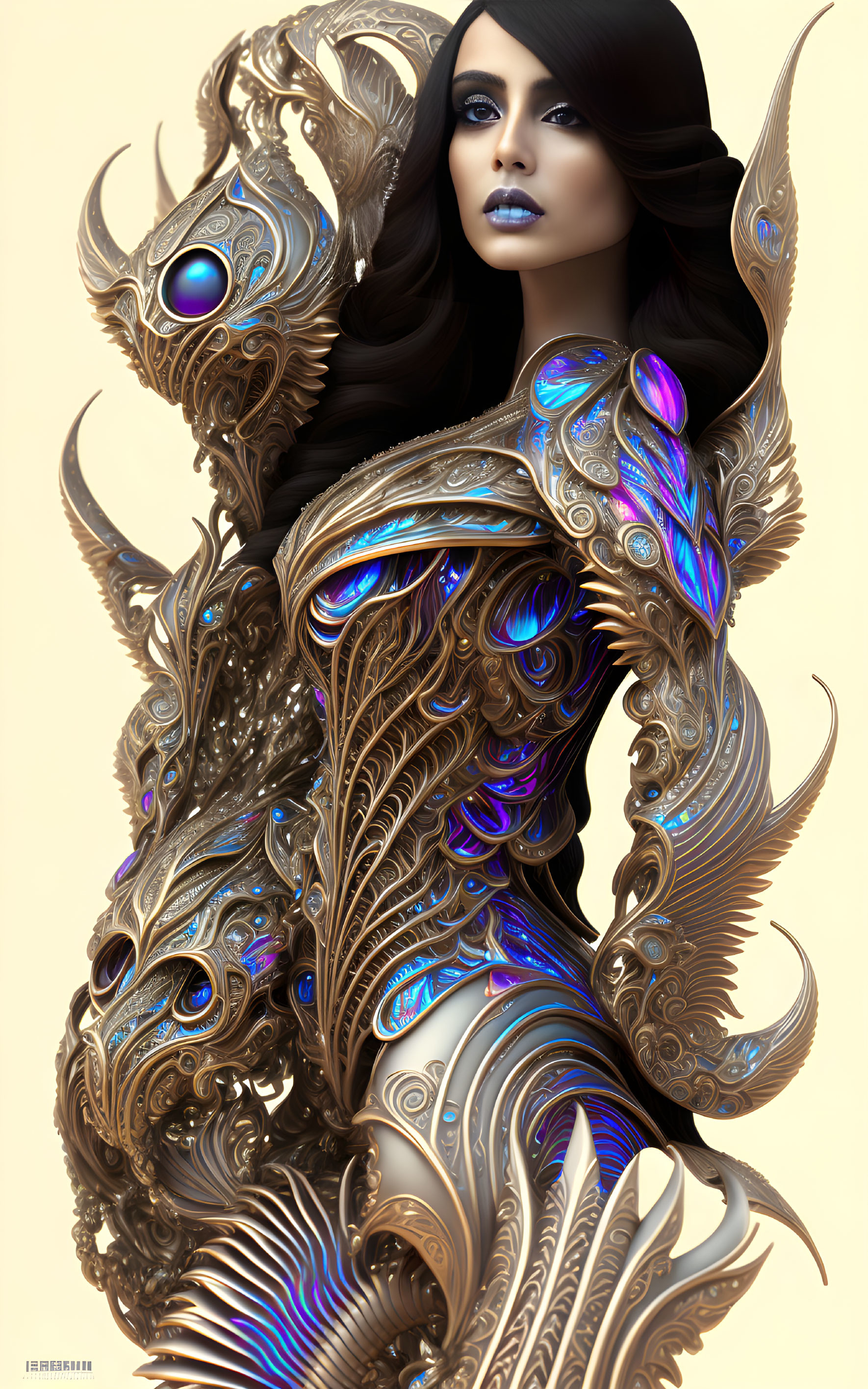 Digital artwork of a woman in ornate metal armor with blue gemstones